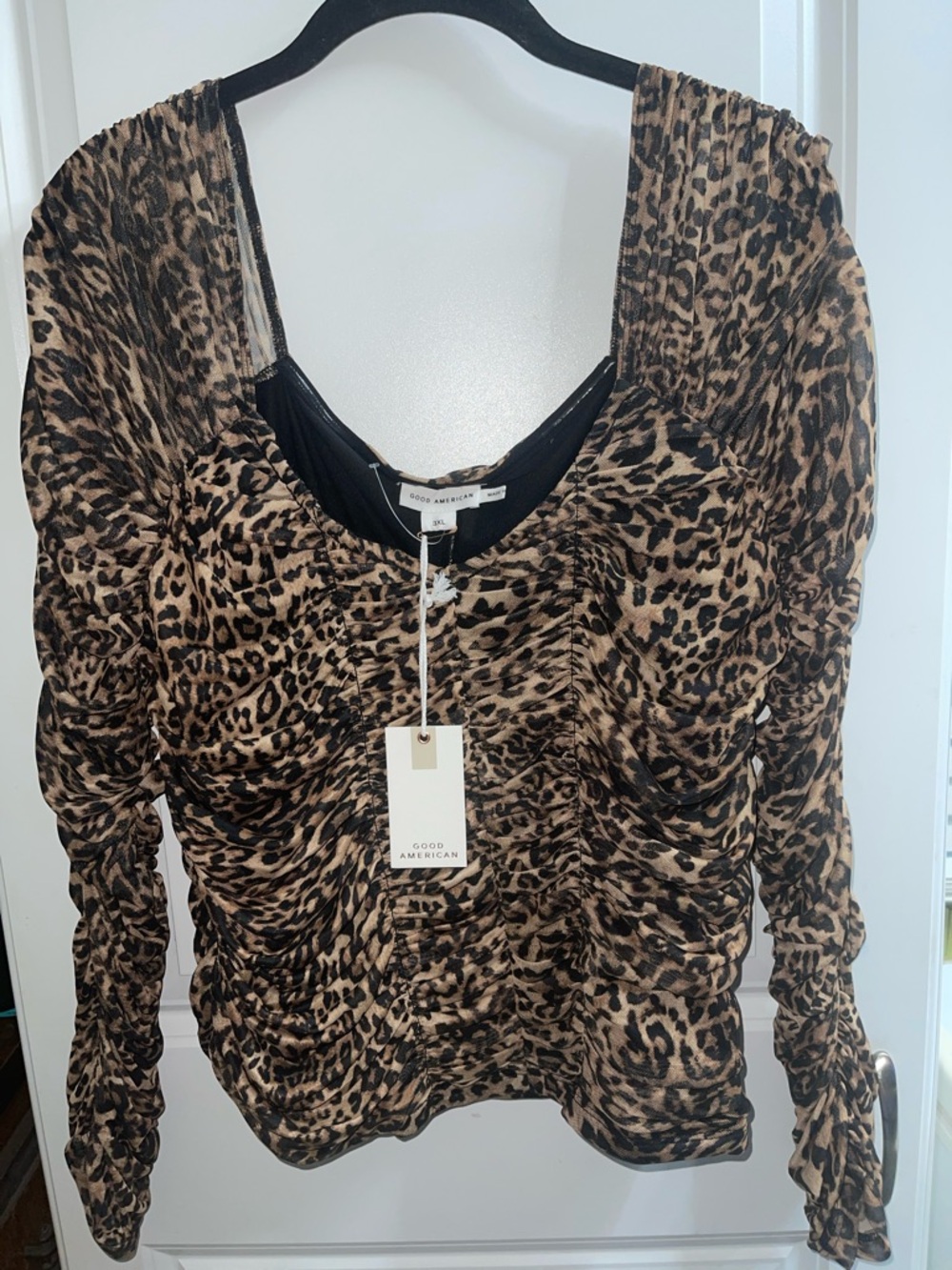 Good American NWT  Leopard Print Ruched Long Sleeve Top - Brown Black 3XL